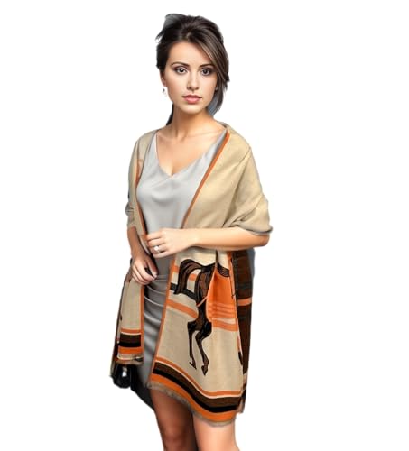 LA FERANI-Kashmir Damenschal Poncho warm 180x70cm Wollschal Pferd Muster sanft Frauen Rosa Umschlagtuch Umhang Kaschmir Schal (Orange), N100 von LA FERANI