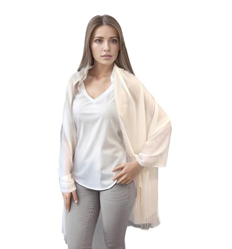 LA FERANI Sommerschal Damen 100% Kaschmir dünn Halstuch Stola 200x70 Creme leicht durchsichtig Umschlagtuch Pashmina für Sommer Saison Casual Business Style Hochzeit Geschenk für Sie (Creme) von LA FERANI