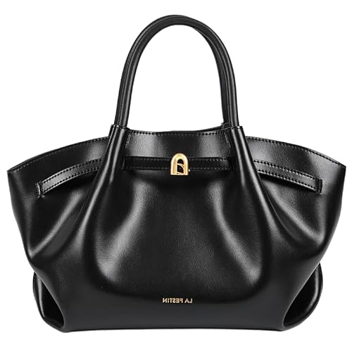 Damen Leder Tote Bag: Top Handle Geldbörsen für Frauen Mini Satchel Crossbody Bag Elegant Square Bag, Dunkles Schwarz von LA'FESTIN