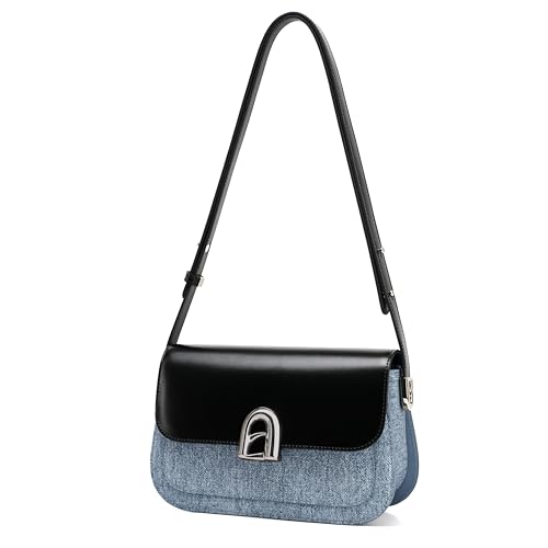 LA FESTIN Umhängetasche Damen Aus Rindsleder, Handtasche Damen Mit Verstellbarem Lederband, Schultertasche Damen Mit Schnallenverschluss - Jeansblau und Schwarz von LA'FESTIN