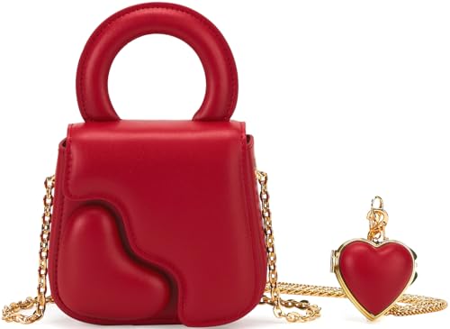 LAFESTIN Kleine Leder-Herz-Geldbörse, Designer-Abendtasche mit abnehmbarem Kettenriemen, Crossbody-Tasche für Hochzeit, Cocktail, Abschlussball, Rot/Ausflug, einfarbig (Getaway Solids) von LA'FESTIN
