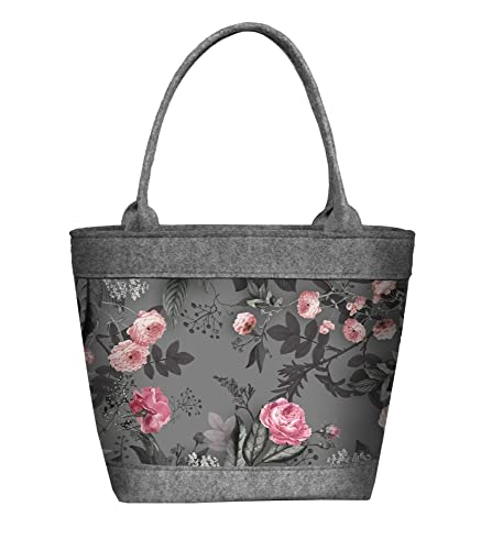 LaFiore24 Filz Henkeltasche Damen Shopper Filztasche Einkaufstaschen Rosen Blüten mittelgroß Reißverschluss waschbar von LA FIORE 24