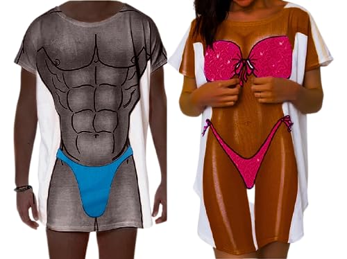 The Original Damen Bikini Shirt - Lustiger Bikini Print Badeanzug Cover Up Strand T-Shirt Kleid für Frauen Männer, Paar - Dunkle Haut Hot Pink, Einheitsgröße von LA Imprints