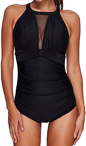 Laorchid Damen Badeanzug Cut Out sexy Bademode Swimsuit Push up figurformend Einteiler Schwimmanzug Damen Schlankheits Sommer Schwarz mit Brust Mesh 2XL von LA ORCHID