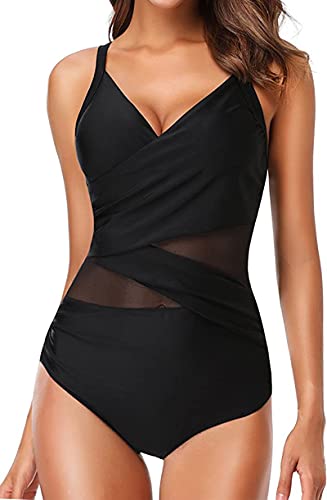 Laorchid Damen Badeanzug Cut Out sexy Bademode Swimsuit Push up figurformend Einteiler Schwimmanzug Damen Schlankheits Sommer Schwarz mit Taille Mesh 2XL von LA ORCHID