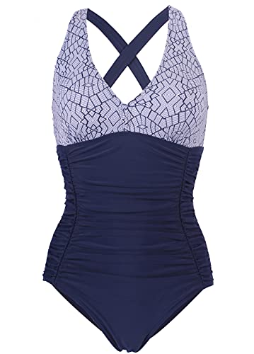 Laorchid Damen Badeanzug v Ausschnitt Einteilige Push up bademode Swimsuit Frauen high Waist Badeanzug Damen bauchweg Blau & Weiß XL von LA ORCHID