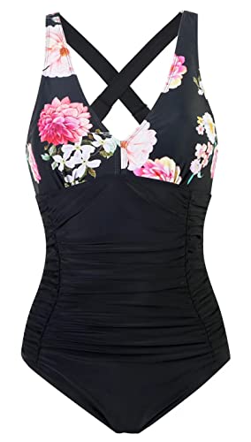 Laorchid Damen Badeanzug v Ausschnitt Einteilige Push up bademode Swimsuit Frauen high Waist Badeanzug Damen bauchweg Schwarz Mit Blumen M von LA ORCHID