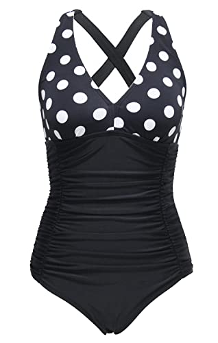 Laorchid Damen Badeanzug v Ausschnitt Einteilige Push up bademode Swimsuit Frauen high Waist Badeanzug Damen bauchweg Schwarz gepunktet M von LA ORCHID