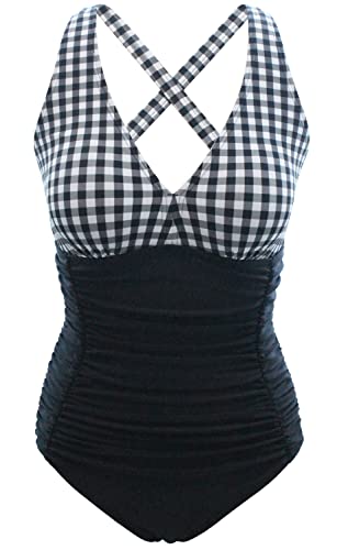 Laorchid Damen Badeanzug v Ausschnitt Einteilige Push up bademode Swimsuit Frauen high Waist Badeanzug Damen bauchweg Schwarz und weiß Gitter 3XL von LA ORCHID