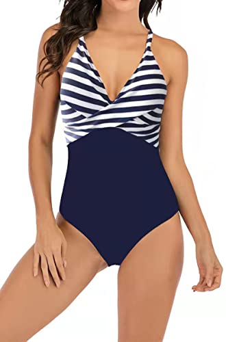 Laorchid Damen Badeanzug v Ausschnitt Sexy high Waist Badeanzug Swimsuit Sport Einteiler bademode Tankini Push up Navy Blau mit weiß Streifen M von LA ORCHID