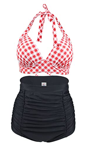 Laorchid Damen Bandeau Bikini Set sexy high Waist bademode Push up Badeanzug gepolstert Retro Neckholder Tankini Kariert Rot & Weiss XXL von LA ORCHID