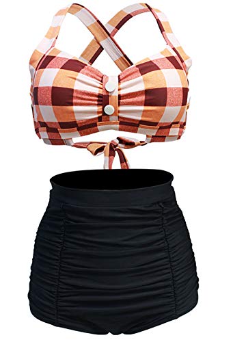 Laorchid Damen Bandeau Bikini Set sexy high Waist bademode Push up Badeanzug gepolstert Retro Neckholder Tankini Orange Gitter 2XL von LA ORCHID