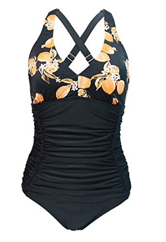 Laorchid Damen Badeanzug v Ausschnitt Einteilige Push up bademode Swimsuit Frauen high Waist Badeanzug Damen bauchweg Schwarz & Zitrone L von LA ORCHID