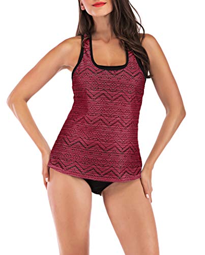 Laorchid Damen Tankini Zweiteiler Push Up Zweiteiliger Badeanzug gepolstert bademode high Waist Badeanzug Bikini Sportlich Burgundy L von LA ORCHID