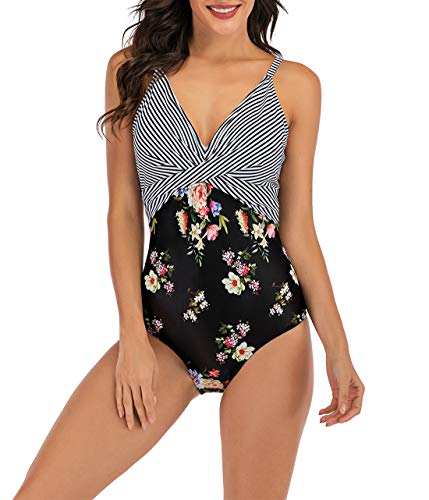 LA ORCHID Laorchid Damen Vintage Badeanzug Einteilig Push Up Hochtaile Bademoden Tankini V-Neck Rückenfrei Gestreift , Schwarz Gestreift, L von LA ORCHID