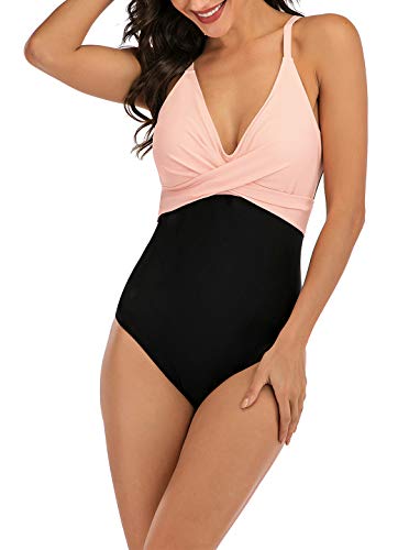 Laorchid Damen Badeanzug v Ausschnitt Sexy high Waist Badeanzug Swimsuit Sport Einteiler bademode Tankini Push up Rosa XL von LA ORCHID