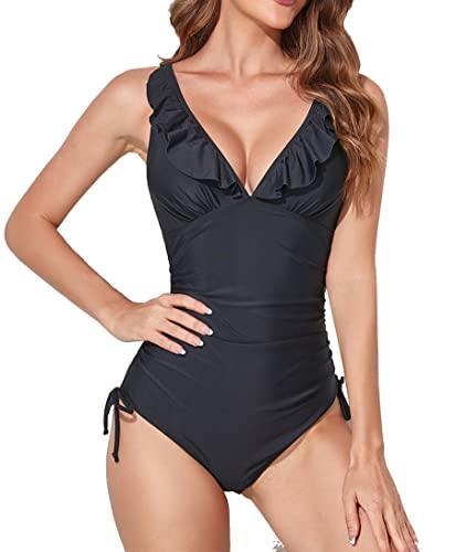 Laorchid Damen Badeanzug mit Raffung bauchweg einteiliger Strandmode Tankini Sexy figurformend Rüschen V Ausschinitt Badeanzug Bademode Schwarz mit Ruffen XL von LA ORCHID