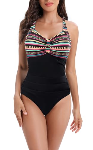 Laorchid Badeanzug Damen Bauchweg für Damen Bademode V Ausschnitt Badeanzug Monokini high Waist Sport Schwimmanzug Raffung Böhmen Streifen mit Schwarz M von LA ORCHID