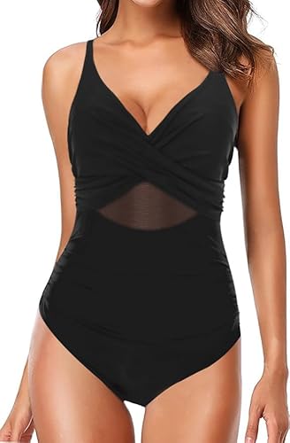 Laorchid Damen Badeanzug Cut Out sexy Bademode Swimsuit Push up figurformend Einteiler Schwimmanzug Damen Schlankheits Sommer Schwarz mit Oberbauch Mesh 2XL von LA ORCHID