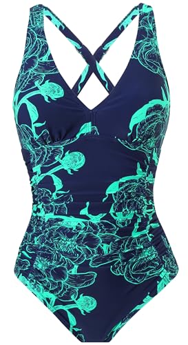 Laorchid Damen Badeanzug v Ausschnitt Einteilige Push up bademode Swimsuit Frauen high Waist Badeanzug Damen bauchweg Blau mit Grün Blummen 3XL von LA ORCHID