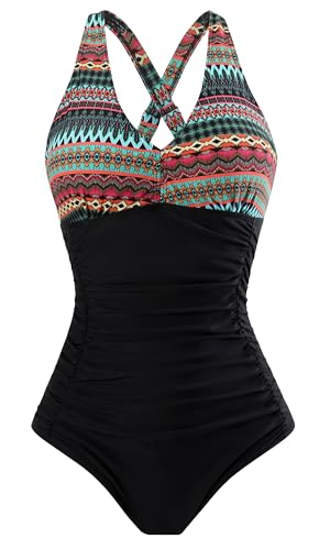 Laorchid Damen Badeanzug v Ausschnitt Einteilige Push up bademode Swimsuit Frauen high Waist Badeanzug Damen bauchweg Böhmische Streifen mit Schwarz 4XL von LA ORCHID