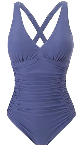 Laorchid Damen Badeanzug v Ausschnitt Einteilige Push up bademode Swimsuit Frauen high Waist Badeanzug Damen bauchweg Haze Blau XL von LA ORCHID