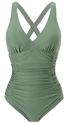 Laorchid Damen Badeanzug v Ausschnitt Einteilige Push up bademode Swimsuit Frauen high Waist Badeanzug Damen bauchweg Haze Grün 4XL von LA ORCHID