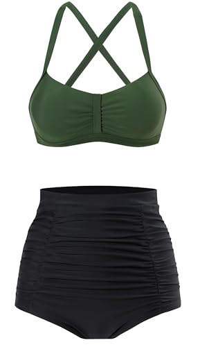 Laorchid Damen Bikini Set high Waist bademode Push up Bikini Zweiteiliger große größen Badeanzug Grün mit Schwarz 3XL von LA ORCHID