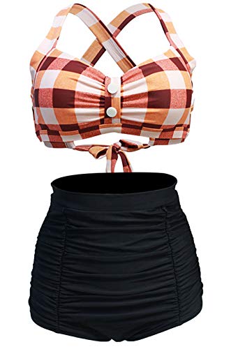 Laorchid Damen Bikini Set high Waist bademode Push up Bikini Zweiteiliger große größen Badeanzug Orange Gitter S von LA ORCHID