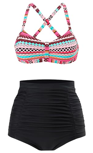 Laorchid Damen Bikini Set high Waist bademode Push up Bikini Zweiteiliger große größen Badeanzug Böhmische Streifen mit Schwarz L von LA ORCHID
