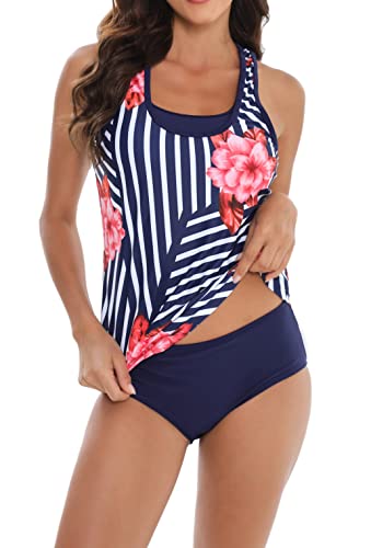 Laorchid Damen Tankini Zweiteiler Push Up Zweiteiliger Badeanzug gepolstert bademode high Waist Badeanzug Bikini Sportlich Blau Streiffen mit Blummen L von LA ORCHID