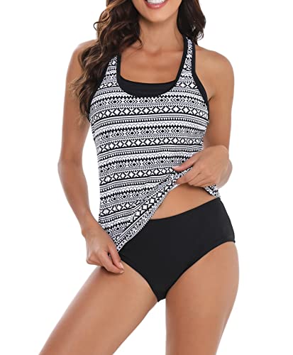 Laorchid Damen Tankini Zweiteiler Push Up Zweiteiliger Badeanzug gepolstert bademode high Waist Badeanzug Bikini Sportlich Böhmen weißer Druck XL von LA ORCHID