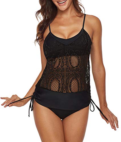 Laorchid Damen Tankini Zweiteiler Push Up Zweiteiliger Badeanzug gepolstert bademode high Waist Badeanzug Bikini Sportlich Schwarz+Verband XXL von LA ORCHID