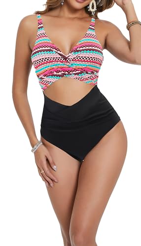 Laorchid Badeanzug high Waist Bikini Push up Damen Bikini Badeanzug V Ausschnitt einteiliger Bademode zierausschnitt Böhmische Streifen mit Schwarz L von LA ORCHID