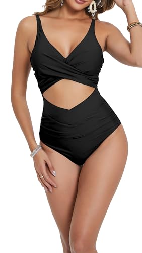 Laorchid Badeanzug high Waist Bikini Push up Damen Bikini Badeanzug V Ausschnitt einteiliger Bademode zierausschnitt Schwarz L von LA ORCHID