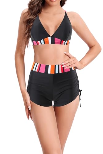 Laorchid Zweiteiler bademode Bikini Push up Damen sportlich Bikini Set Tankini Badeanzug Bikini top mit Shorts Schwarz Mit Böhmische Streiffen XL von LA ORCHID