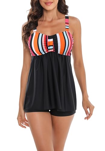 Laorchid Damen zweiteilig Badeanzug Push up Bademoden bauchweg Tankini Set Raffungen high Waist Tankini Beachwear Hotpants Schwarz mit Rot vertikaler Streiffen 3XL(EU 46) von LA ORCHID