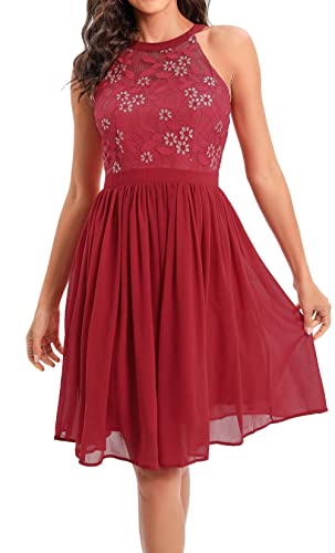 Laorchid cocktailkleid festlich Kleid brautjunfernkleid Hochzeit schulterfrei Kleid Abendkleid a Linie Damen Neckholder elegant Spitzen Sommerkleid Rot 40 (EU-L) von LA ORCHID
