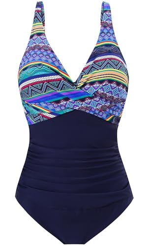 Laorchid einteiliger Badeanzug bademode v Ausschnitt Damen Badeanzug bauchweg Push up Bademode Swimsuit high Waist Schwimmanzug Böhmen Streifen mit dunkel Blau M von LA ORCHID