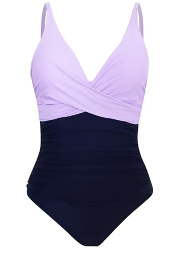Laorchid einteiliger Badeanzug bademode v Ausschnitt Damen Badeanzug bauchweg Push up Bademode Swimsuit high Waist Schwimmanzug Dunkel Violett mit dunkel Blau XL von LA ORCHID