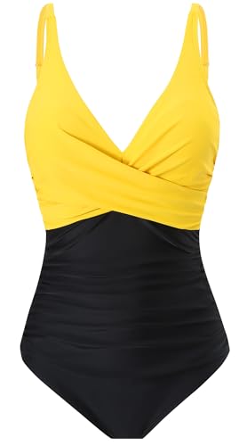 Laorchid einteiliger Badeanzug bademode v Ausschnitt Damen Badeanzug bauchweg Push up Bademode Swimsuit high Waist Schwimmanzug Gelb mit Schwarz 3XL von LA ORCHID