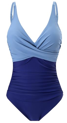 Laorchid einteiliger Badeanzug bademode v Ausschnitt Damen Badeanzug bauchweg Push up Bademode Swimsuit high Waist Schwimmanzug Hellblau mit Navy 4XL von LA ORCHID
