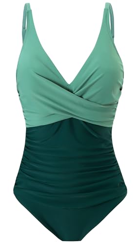 Laorchid einteiliger Badeanzug bademode v Ausschnitt Damen Badeanzug bauchweg Push up Bademode Swimsuit high Waist Schwimmanzug Hellgrün mit Dunkelgrün M von LA ORCHID