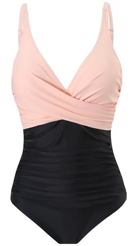 Laorchid einteiliger Badeanzug bademode v Ausschnitt Damen Badeanzug bauchweg Push up Bademode Swimsuit high Waist Schwimmanzug Rosa mit Schwarz XXL von LA ORCHID