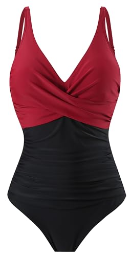 Laorchid einteiliger Badeanzug bademode v Ausschnitt Damen Badeanzug bauchweg Push up Bademode Swimsuit high Waist Schwimmanzug Rot mit Schwarz L von LA ORCHID