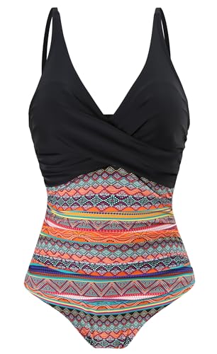 Laorchid einteiliger Badeanzug bademode v Ausschnitt Damen Badeanzug bauchweg Push up Bademode Swimsuit high Waist Schwimmanzug Schwarz Mit Böhmen Streifen L von LA ORCHID