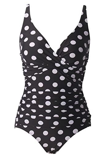 Laorchid einteiliger Badeanzug bademode v Ausschnitt Damen Badeanzug bauchweg Push up Bademode Swimsuit high Waist Schwimmanzug engmaschig Große Tupfen & Schwarz L von LA ORCHID