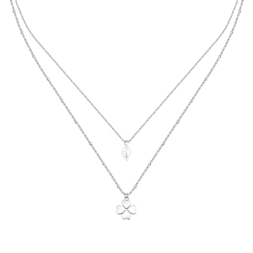 LA PETITE STORY Damenhalskette aus Stahl, Doppelfaden mit Perle und vierblättrigem Kleeblatt, Kollektion FRIENDSHIP von LA PETITE STORY