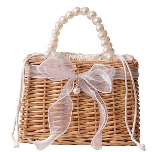 Wicker -Geldbeutel, Große Wicker -Geldbörse mit Perlengriff und Bogenband, Strohhandtasche mit Futter für den Strand Sommer von LAANCOO