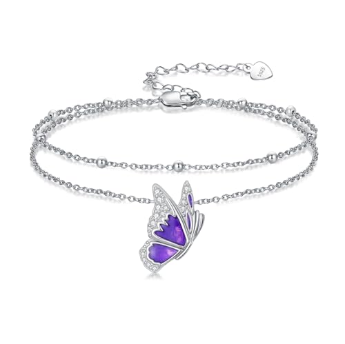 Diamant-Schmetterling Fußkette für Damen 925 Sterling Silber Farbiger Schmetterling Doppellagen-Design Mit Labor-Diamanten Wasserdichtes Schmuckgeschenk zum Geburtstag von LABBAO